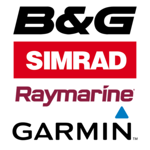 Logos of our marine electronics partners: B&G, Simrad, Raymarine and Garmin